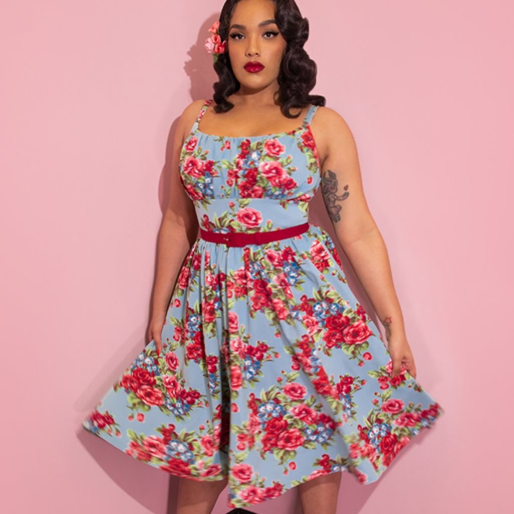 SOLD - NWT - Vintage Blue & Red Roses Ingenue Dress - Vixen by Micheline Pitt